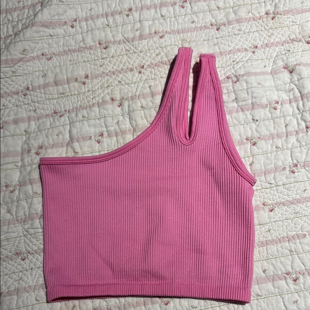 Pink One Shoulder Ribbed Crop Top - Picture 2 of 5